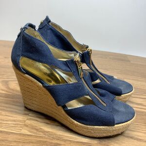 Michael Kors Womens Damita Espadrille Sandals Blue Denim Wedge Zip Ultra High 8M